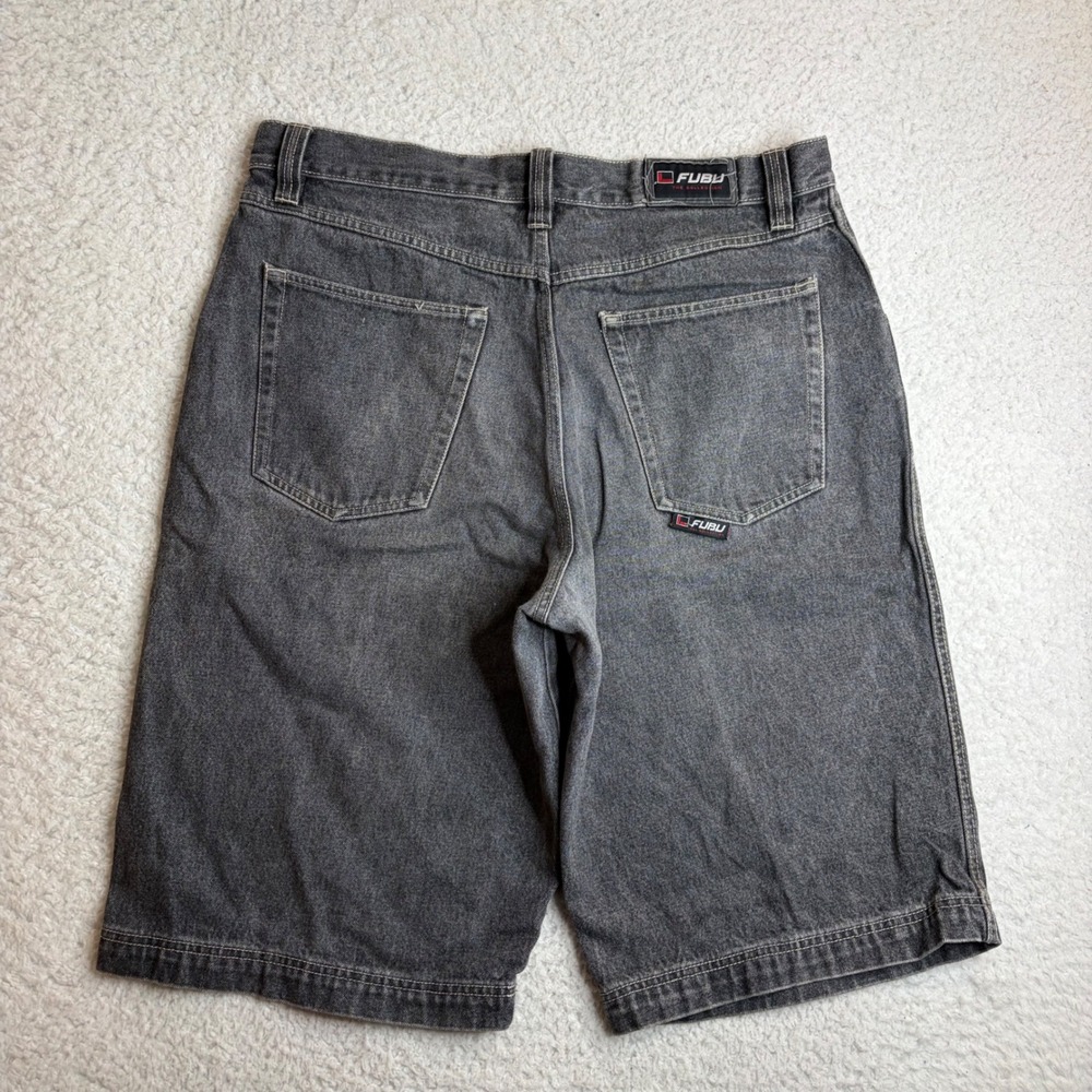 Vintage FUBU Denim Shorts Mens 38 Black Baggy Y2K Hip Hop skater Jean Shorts